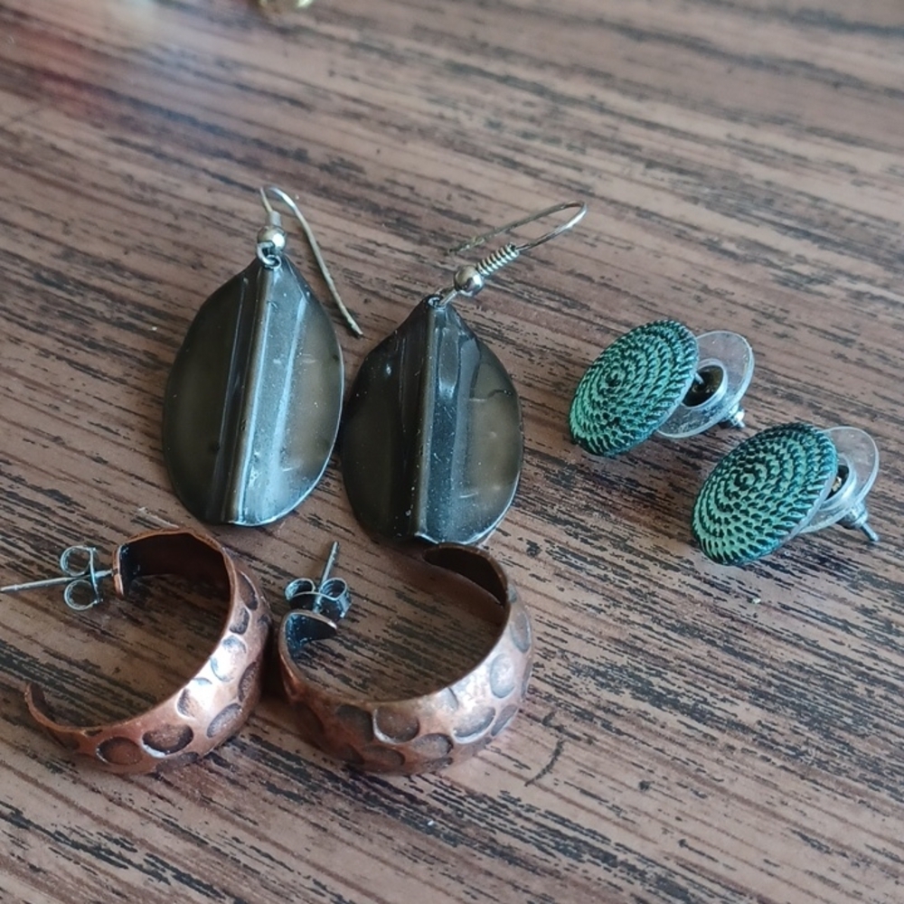 Copper earrings, steel earrings lot of three